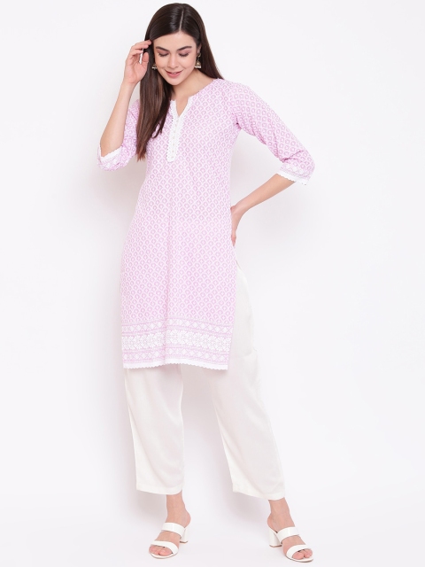 

Ashnaina Women Pink & White Chikankari Embroidered Kurta with Palazzos