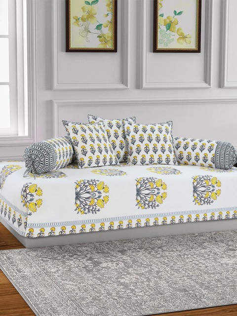 

Salona Bichona Set Of 6 Yellow & White Floral Printed 144 TC Cotton Bedsheet With Bolster & Cushion Covers