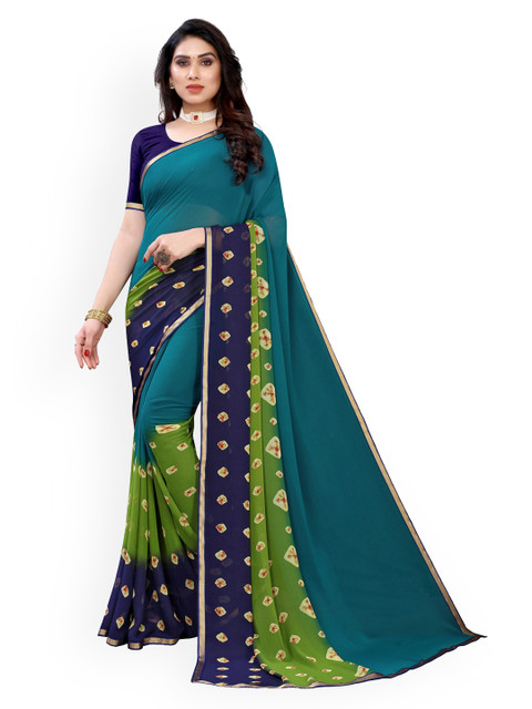 

KALINI Blue & Green Pure Georgette Printed Bandhani Saree