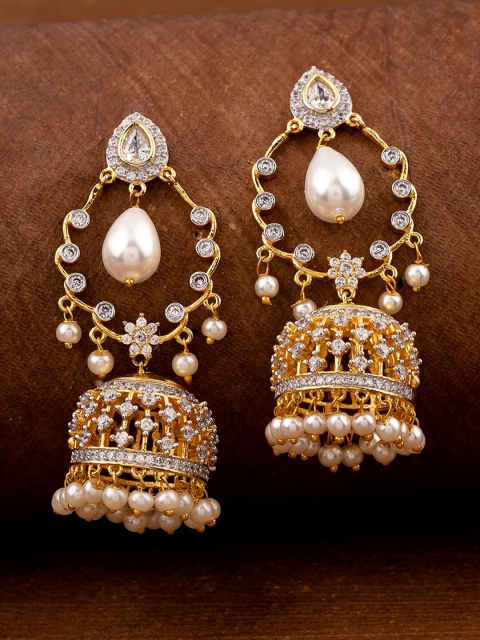 

Studio Voylla Gold-Plated & White CZ Studded Dome Shaped Jhumkas