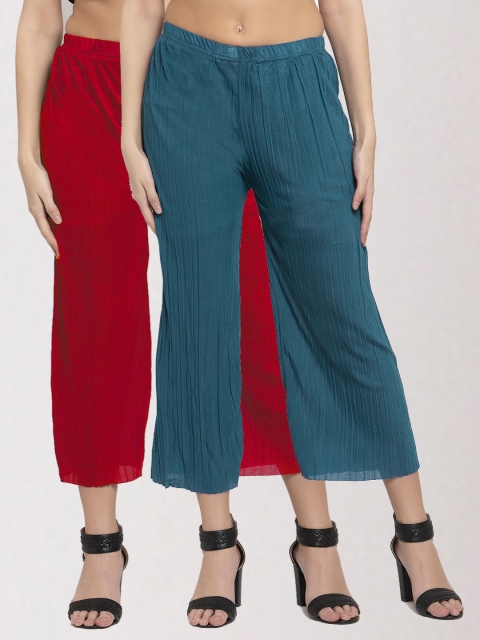 

KLOTTHE Women Pack of 2 Blue & Red Solid Wide Leg Palazzos