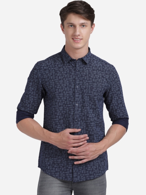 

Crocodile Men Navy Blue Slim Fit Printed Cotton Linen Casual Shirt