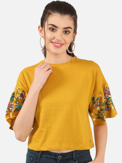 

V2 Value & Variety Mustard Floral Placement Print Chambray Crop Top