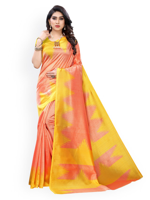 

KALINI Pink & Yellow Solid Poly Silk Saree