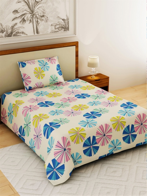 

Salona Bichona Off-White & Blue Floral 144 TC Polyester 1 Single Bedsheet with 1 Pillow Covers