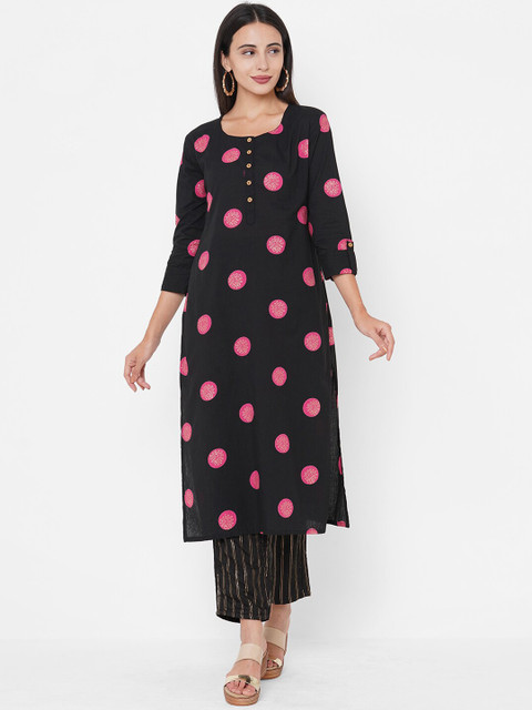 

FASHOR Women Black & Pink Geometric Printed Kurta