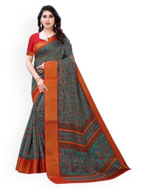 

KALINI Teal Polycotton Printed Kanjeevaram Saree