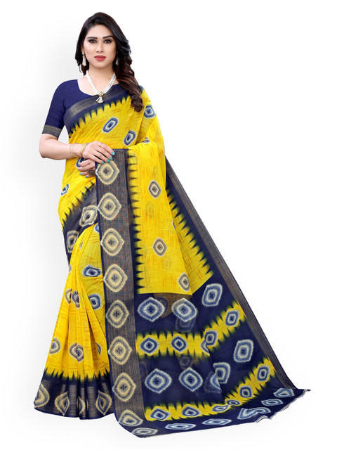 

KALINI Yellow & Navy Blue Polycotton Printed Saree