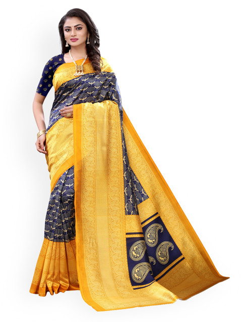 

KALINI Mustard & Navy Blue Poly Silk Colourblocked Saree