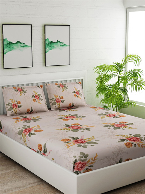 

Salona Bichona Beige & Pink Floral 144 TC Cotton 1 Queen Bedsheet with 2 Pillow Covers