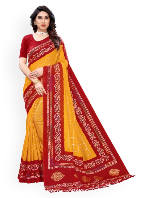 

KALINI Red & Yellow Polycotton Printed Bandhani Saree