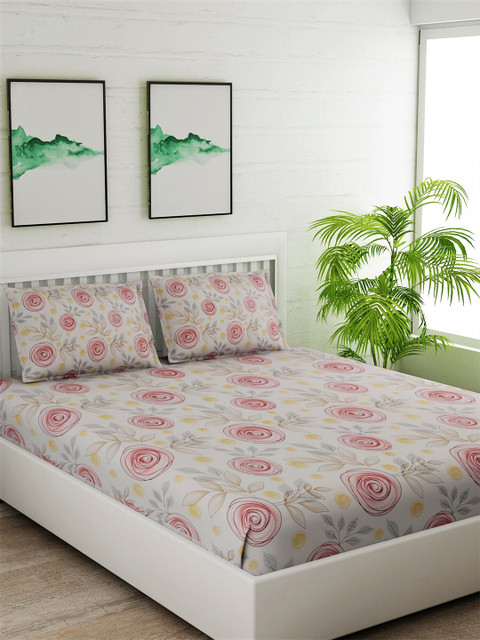 

Salona Bichona Grey & Pink Floral 144 TC Cotton 1 Queen Bedsheet with 2 Pillow Covers