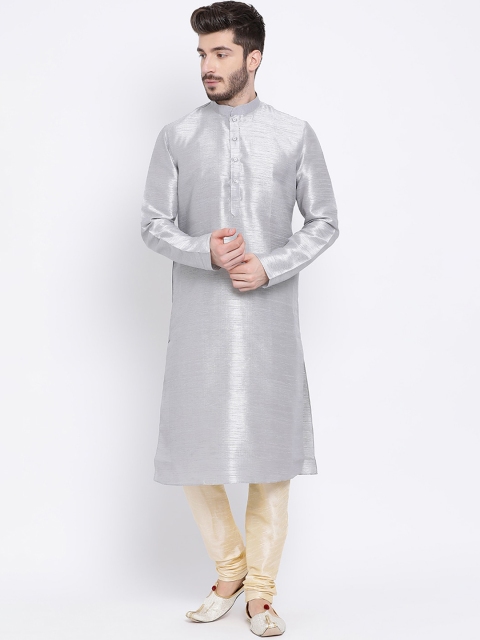 

NAMASKAR Men Silver-Toned Mandarin Collar Woven Design Silk Kurta