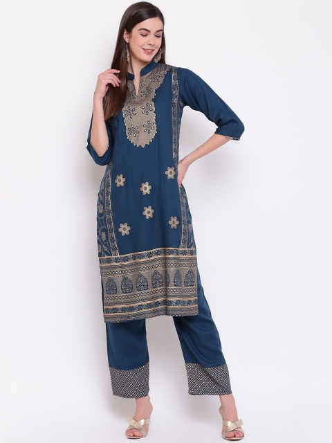 

Ashnaina Women Teal Printed Kurta with Palazzos