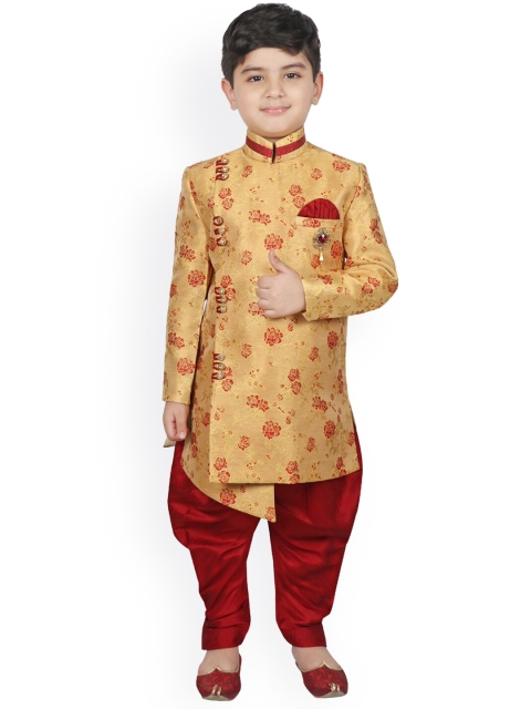 SG YUVRAJ Boys Yellow & Maroon Woven-Design Silk Sherwani Set