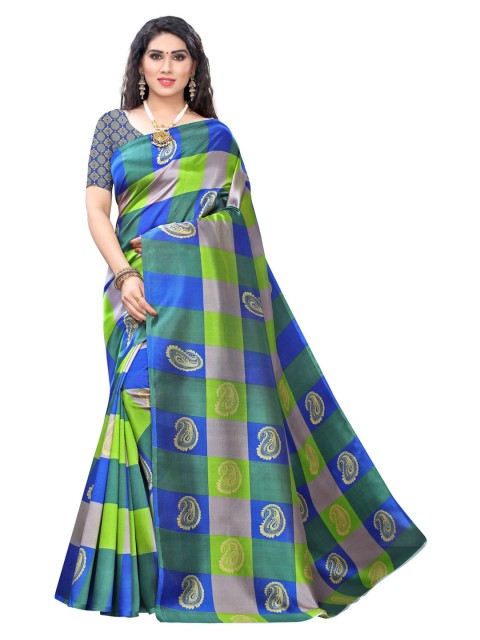 

KALINI Blue & Green Art Silk Checked Banarasi Saree