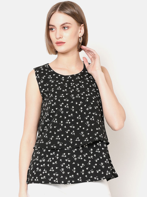 

V2 Value & Variety Black & White Floral Printed Crepe Tiered Top