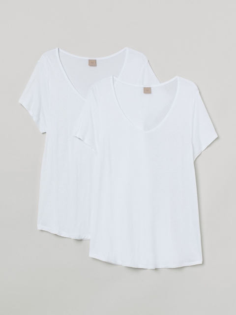 

H&M Plus Women White Solid 2-Pack Viscose T-shirts
