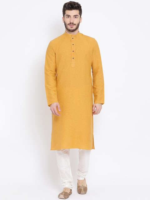 

NAMASKAR Men Yellow & White Solid Kurta with Churidar