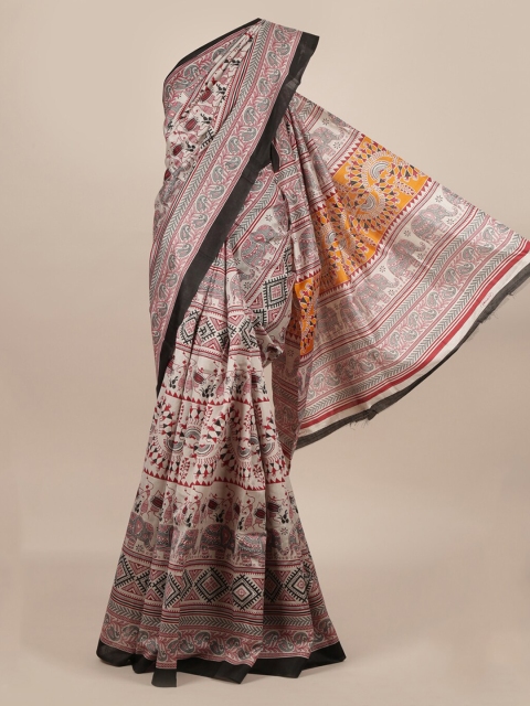 

Pothys Off-White & Maroon Jute Silk Printed Saree