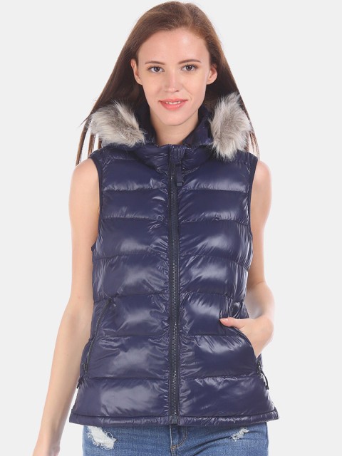 

GAP Women Blue Solid Faux Fur Trim Puffer Jacket