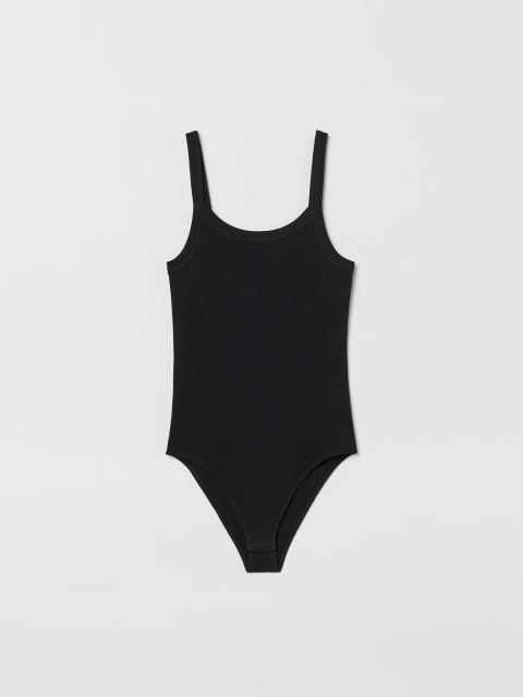 

H&M Women Black Ribbed Cotton Bodysuit