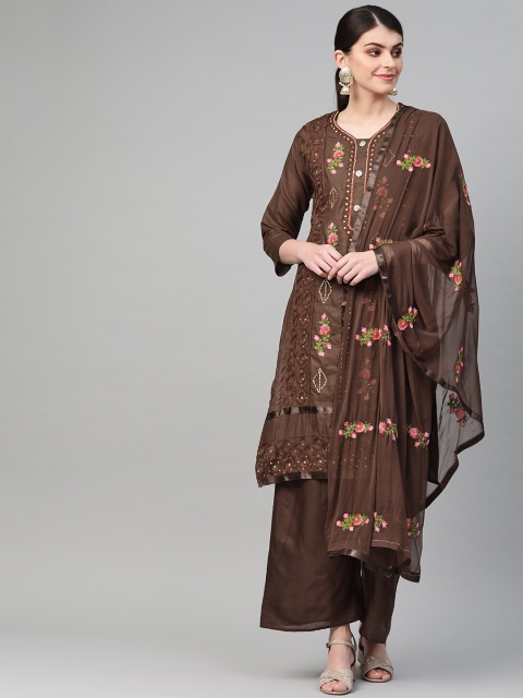 

Ishin Women Brown Embroidered Kurta with Palazzos & Dupatta