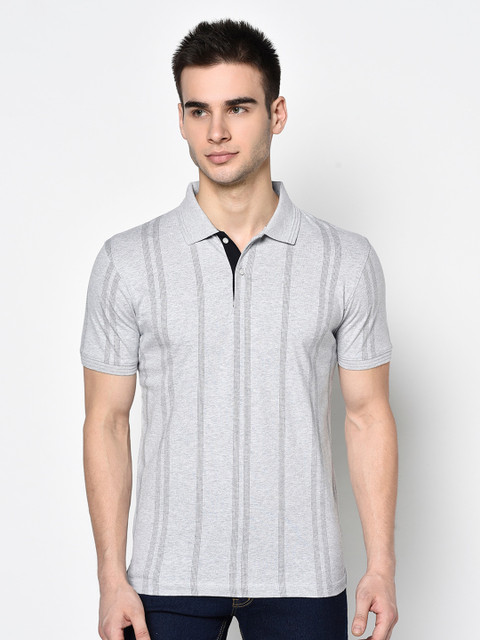 

Octave Men Grey Melange Striped Polo Collar T-shirt