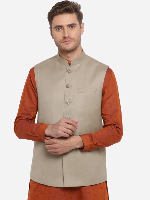 MODI JACKET Men Beige Woven Design Nehru Jacket
