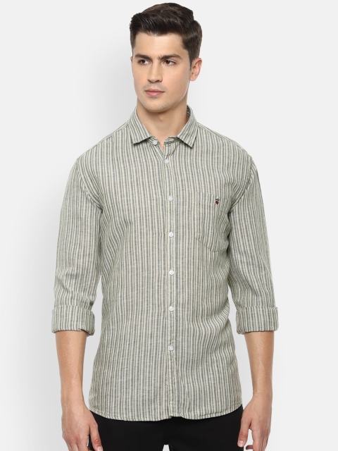 

Louis Philippe Jeans Men Beige & Olive Green Slim Fit Striped Linen Cotton Casual Shirt