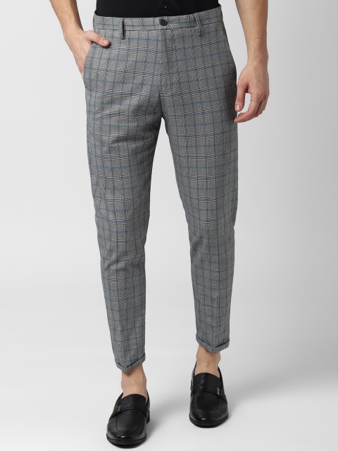 

Peter England Men Grey & Black Tapered Fit Checked Regular Trousers