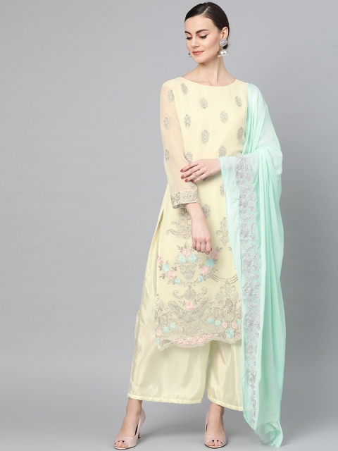 

Ishin Women Cream-Coloured Embroidered Kurta with Palazzos & Dupatta