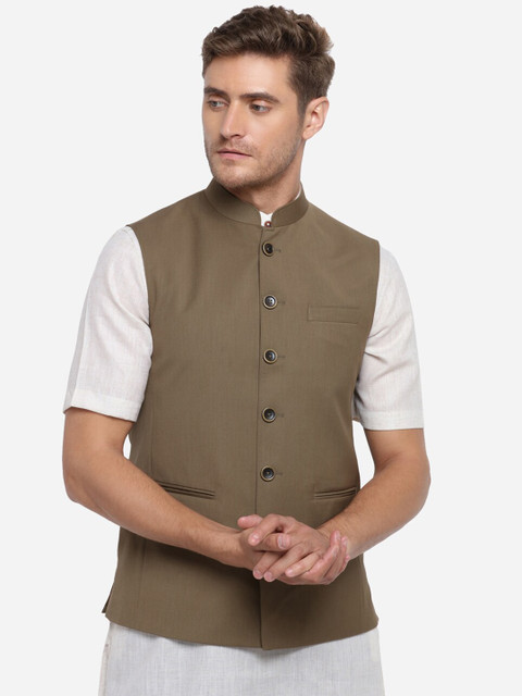 

MODI JACKET Men Taupe Solid Woven Nehru Jacket