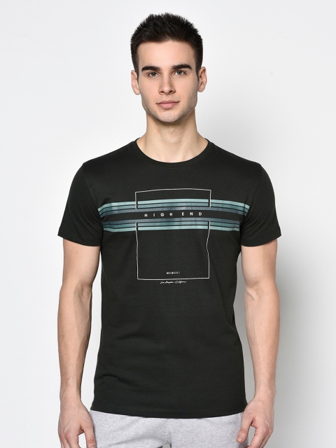 

Octave Men Olive Green Striped Round Neck T-shirt