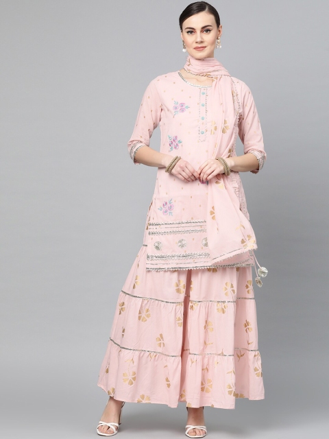 

Ishin Women Pink Embroidered Kurta with Sharara & Dupatta