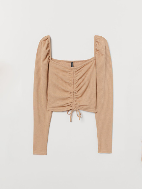 

H&M Women Beige Ribbed Drawstring Top
