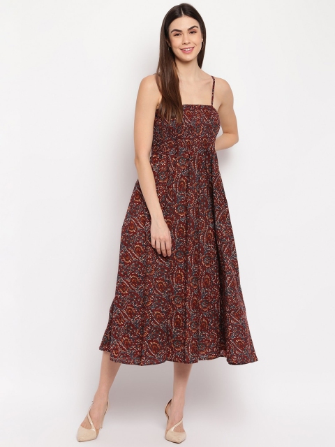

Aawari Women Rust Red & Teal Blue Printed Fit and Flare Dress