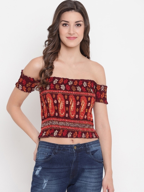 

Aawari Maroon & Beige Off-Shoulder Bardot Crop Top