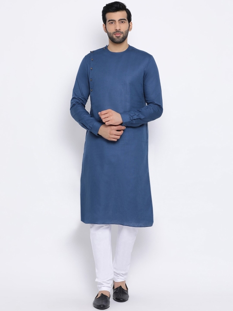 

NAMASKAR Men Blue & White Solid Pure Cotton Kurta with Churidar