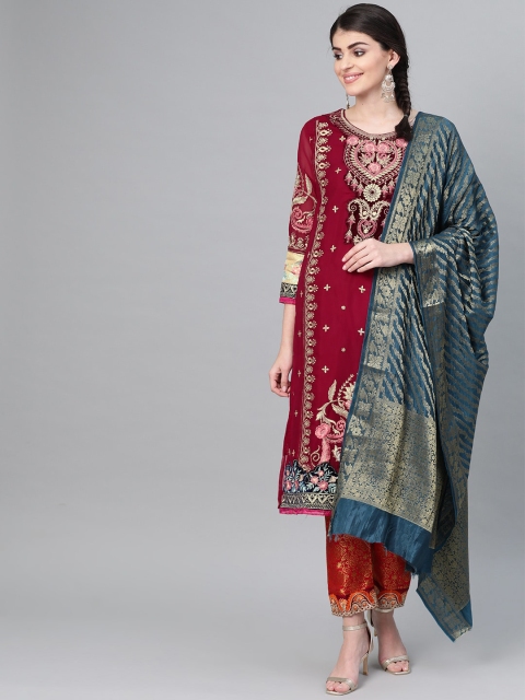 

Ishin Women Maroon & Orange Embroidered Kurta with Trousers & Dupatta