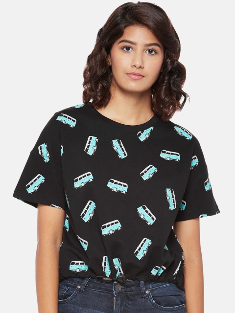 

People Black & Turquoise Blue Conversational Printed Regular Top