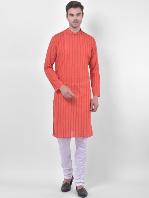 

LAMAAYA Men Red & White Woven Design Kurta with Churidar