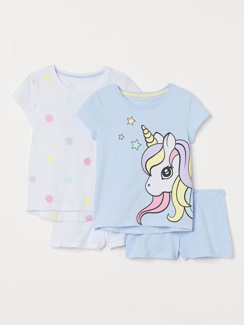 

H&M Girls Pack of 2 White & Blue Printed Tshirt & Shorts
