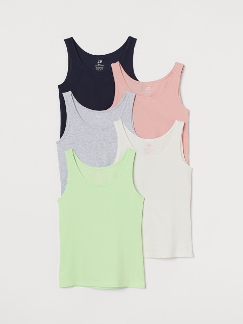 

H&M Girls Multicoloured Solid 5-Pack Cotton Vest Tops, Multi