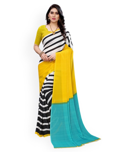 

KALINI White & Yellow Pure Georgette Striped Saree