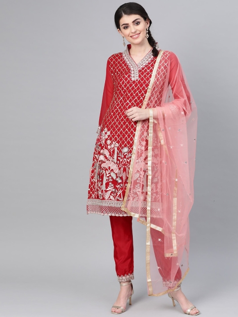 

Ishin Women Maroon Embroidered Kurta with Trousers & Dupatta