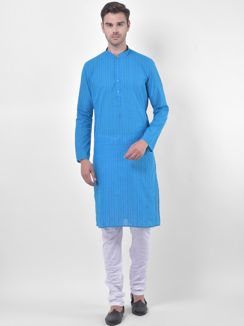 

LAMAAYA Men Blue & White Striped Kurta with Churidar