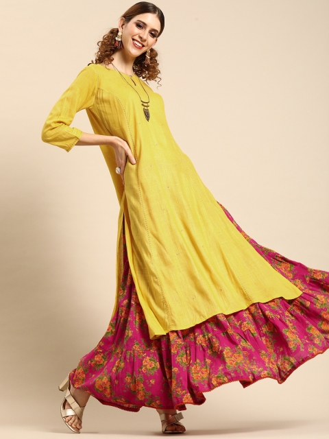 

Varanga Women Yellow & Magenta Solid Kurta with Sharara