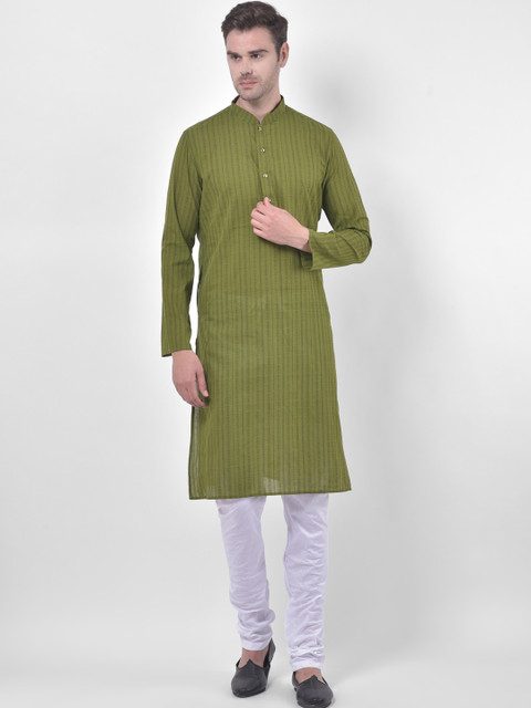 

LAMAAYA Men Green & White Striped Kurta with Churidar