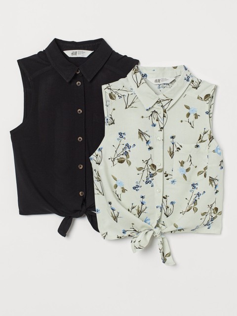 

H&M Girls Black & Sea Green Printed 2-Pack Tie-Hem Blouses